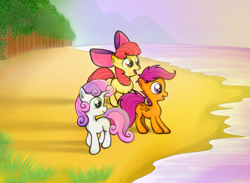 Size: 2180x1600 | Tagged: safe, artist:mugg1991, derpibooru import, apple bloom, scootaloo, sweetie belle, beach, cutie mark crusaders