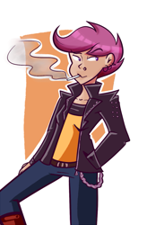 Size: 657x1000 | Tagged: safe, artist:php52, scootaloo, human, clothes, humanized, leather jacket, light skin, older, piercing, smoking, solo