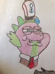 Size: 1936x2592 | Tagged: safe, artist:alextacorda, derpibooru import, spike, dragon, hat, head, just one bite, krusty krab hat, lip bite, parody, smiling, solo, spongebob squarepants, traditional art