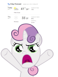 Size: 672x896 | Tagged: safe, sweetie belle, frustrated, oh come on, reaction, solo, weather