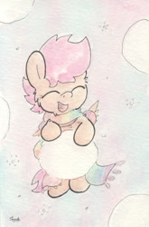 Size: 669x1014 | Tagged: safe, artist:slightlyshade, derpibooru import, scootaloo, clothes, eyes closed, scarf, snow, solo, traditional art, winter