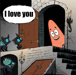 Size: 749x741 | Tagged: safe, derpibooru import, idw, changeling, chocolate with nuts, exploitable meme, i love you, knock knock meme, love, patrick star, spongebob squarepants