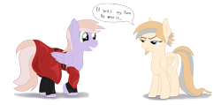 Size: 2000x950 | Tagged: safe, artist:stinkehund, derpibooru import, oc, oc only, oc:chickenwhite, oc:lavender, oc:sepia tone, pegasus, pony, clothes, corset, crossdressing, female, fluffy, latex, male, skirt