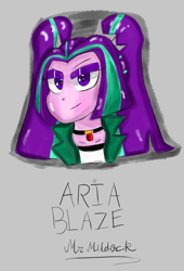 Size: 1216x1792 | Tagged: safe, artist:mildockart, aria blaze, equestria girls, bust, looking at you, signature, smirk, solo