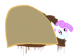 Size: 1028x777 | Tagged: safe, artist:britt-entertainment, sweetie belle, drippy beef, not sure if want, solo, taco, trapped, wat