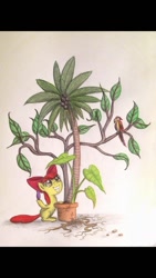 Size: 670x1191 | Tagged: safe, artist:thefriendlyelephant, apple bloom, bird, earth pony, parrot, pony, twilight time, coconut, coconut tree, elephant ear plant, female, filly, foal, happy, palm tree, plant, pot, potion, potted plant, roots, scene interpretation, smiling, solo, traditional art, tree