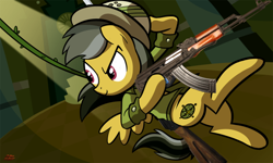 Size: 900x540 | Tagged: safe, artist:willdrawforfood1, derpibooru import, edit, daring do, action pose, ak, ak-47, assault rifle, gun, pun, rifle, solo, swinging, uncharted, visual pun, weapon