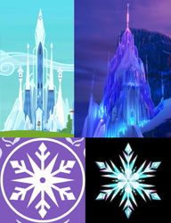 Size: 549x713 | Tagged: safe, edit, edited screencap, screencap, building, castle, comparison, cropped, crystal castle, crystal empire, crystal empire flag, crystallized, disney, frozen (movie), ice, ice castle, mind blown, no pony, palace, snow, snowflake, symbol