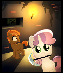 Size: 2876x3332 | Tagged: safe, artist:vulfixeven, derpibooru import, button mash, sweetie belle, creeper, don't mine at night, minecraft