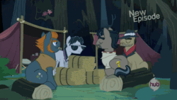 Size: 384x216 | Tagged: safe, derpibooru import, screencap, biff, daring do, doctor caballeron, rogue (character), withers, daring don't, animated, bits, eating, hay, henchmen, horses doing horse things, hub logo, hubble, money, the hub