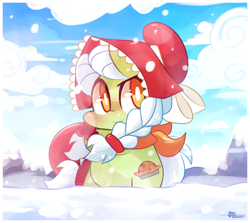 Size: 920x820 | Tagged: safe, artist:php56, granny smith, adorasmith, blushing, bonnet, chibi, cute, snow, snowfall, solo, younger