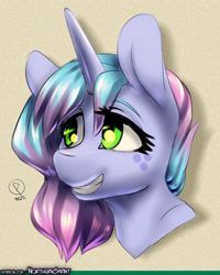 Size: 1280x1602 | Tagged: safe, artist:northernsprint, oc, oc only, oc:glitter glue, pony, unicorn, bust, explicit source, grin, patreon, portrait, solo