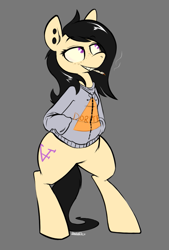 Size: 633x939 | Tagged: safe, artist:owl-eyes, derpibooru import, oc, oc only, pony, bipedal, clothes, doritos, drugs, hoodie, joint, marijuana, piercing, product placement, smoking, solo