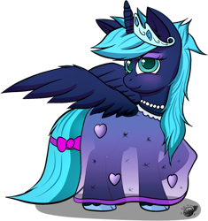 Size: 866x923 | Tagged: safe, artist:setonlr, derpibooru import, oc, oc only, alicorn, pony, alicorn oc, beads, blushing, bow, clothes, crossdressing, dress, everfree network, eyeshadow, final draft, heart, male, necklace, see-through, shoes, solo, stallion, tiara, wat