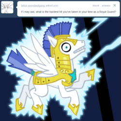 Size: 637x637 | Tagged: safe, artist:songoharotto, derpibooru import, oc, oc only, oc:aquilinus, animated, ask, ask aquilinus, electrocution, lightning, royal guard, solo, tumblr, x-ray sparks