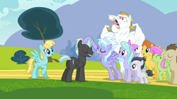 Size: 1054x592 | Tagged: safe, derpibooru import, screencap, bulk biceps, cloudchaser, crescent pony, flitter, helia, mane moon, merry may, rumble, thunderlane, warm front, pegasus, pony, hurricane fluttershy, background pony, colt, male