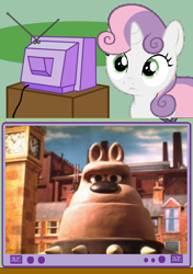 Size: 564x800 | Tagged: safe, derpibooru import, sweetie belle, sweetie bot, pony, robot, robot pony, unicorn, a close shave, exploitable meme, female, filly, foal, horn, meme, obligatory pony, preston, tv meme, wallace and gromit