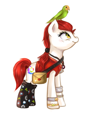 Size: 1024x1454 | Tagged: safe, artist:pepooni, derpibooru import, oc, oc only, bird, earth pony, pony, bracelet, clothes, female, mare, necklace, ponytail, shirt, socks, solo