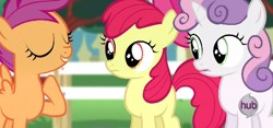 Size: 570x266 | Tagged: safe, derpibooru import, screencap, apple bloom, scootaloo, sweetie belle, flight to the finish, cutie mark crusaders, hub logo