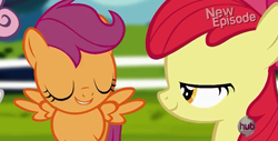 Size: 1329x677 | Tagged: safe, derpibooru import, screencap, apple bloom, scootaloo, sweetie belle, flight to the finish, cutie mark crusaders, hub logo, lidded eyes, out of context