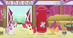 Size: 616x318 | Tagged: safe, derpibooru import, screencap, apple bloom, scootaloo, sweetie belle, flight to the finish, cutie mark crusaders, hearts as strong as horses, hub logo, punching bag