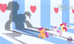 Size: 552x332 | Tagged: safe, derpibooru import, screencap, apple bloom, scootaloo, sweetie belle, flight to the finish, cutie mark crusaders, hearts as strong as horses, hub logo