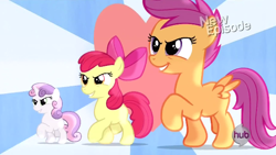 Size: 612x346 | Tagged: safe, derpibooru import, screencap, apple bloom, scootaloo, sweetie belle, flight to the finish, cutie mark crusaders, hearts as strong as horses, hub logo