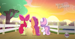 Size: 620x326 | Tagged: safe, derpibooru import, screencap, apple bloom, scootaloo, sweetie belle, flight to the finish, cutie mark crusaders, fence, hub logo, hubble, sun, sunset, the hub, tree