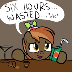 Size: 894x894 | Tagged: safe, artist:drawponies, button mash, earth pony, pony, apple juice, bar, bar buddies, blushing, colt, foal, hat, hooves, juice box, male, martini, open mouth, propeller hat, solo, speech bubble, underaged drinking