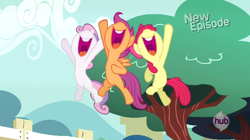 Size: 620x346 | Tagged: safe, derpibooru import, screencap, apple bloom, scootaloo, sweetie belle, flight to the finish, cutie mark crusaders, happy, hub logo, hubble, smiling, the hub, tree, yeah shot