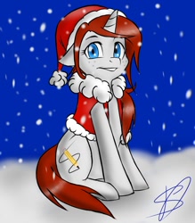 Size: 836x955 | Tagged: safe, artist:renniksarts, derpibooru import, oc, oc only, pony, unicorn, clothes, freckles, hat, looking at you, santa hat, snow, snowfall, solo