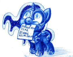 Size: 1452x1138 | Tagged: safe, artist:darkone10, derpibooru import, nightmare moon, cute, filly, monochrome, mouth hold, nightmare woon, solo