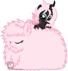 Size: 460x483 | Tagged: safe, artist:ipandacakes, derpibooru import, oc, oc only, oc:fluffle puff, oc:pomf puff, changeling, hybrid, changeling oc, eyes closed, heart, interspecies offspring, magical lesbian spawn, offspring, parent:oc:fluffle puff, parent:queen chrysalis, parents:canon x oc, parents:chrysipuff, pink changeling, simple background, transparent background, vector
