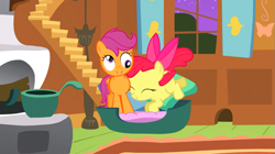 Size: 929x522 | Tagged: safe, screencap, apple bloom, scootaloo, stare master, derp