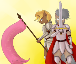 Size: 2348x1984 | Tagged: safe, artist:thekuto, derpibooru import, oc, oc only, anthro, armor, banner, fantasy class, knight, paladin, sword, warrior