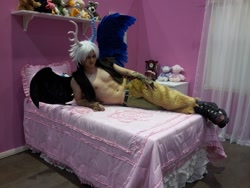 Size: 1632x1224 | Tagged: safe, artist:kohalu cosplay, discord, human, bed, convention, cosplay, irl, irl human, photo, solo, sultry pose