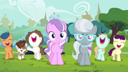 Size: 1280x720 | Tagged: safe, screencap, boysenberry, diamond tiara, first base, peach fuzz, pipsqueak, silver spoon, super funk, twilight time, colt, filly, glasses