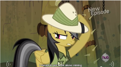 Size: 642x356 | Tagged: safe, derpibooru import, screencap, daring don't, clothes, daring dorable, embarrassed, fortress of talacon, meme, pith helmet, shirt, solo, youtube caption