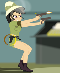 Size: 3920x4784 | Tagged: safe, artist:garretthegarret, derpibooru import, daring do, daring don't, equestria girls, clothes, dual wield, gun, handgun, light skin, pistol, rings of scorchero, shorts, solo