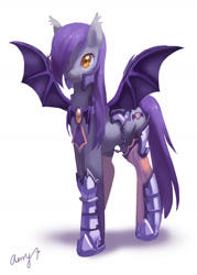 Size: 1300x1812 | Tagged: safe, artist:amy30535, oc, oc only, oc:midnight flow, bat pony, pony, armor, hair over one eye, night guard, solo