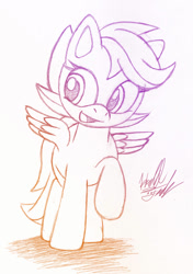 Size: 703x1000 | Tagged: safe, artist:fuzon-s, derpibooru import, scootaloo, gradient lineart, open mouth, raised hoof, sketch, smiling, solo, spread wings, traditional art