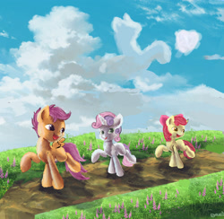 Size: 2291x2238 | Tagged: safe, artist:owlvortex, derpibooru import, apple bloom, scootaloo, sweetie belle, earth pony, pegasus, pony, unicorn, cloud, cloudy, cutie mark crusaders, female, filly, hearts as strong as horses, road, willowherb