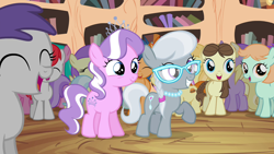 Size: 1280x720 | Tagged: safe, screencap, alula, aquamarine, diamond tiara, dinky hooves, first base, gallop j. fry, heidi hay, noi, peach fuzz, silver spoon, tornado bolt, train tracks (character), twilight time, adorabullies, colt, cute, diamondbetes, eyes closed, filly, grin, happy, open mouth, raised hoof, silverbetes, smiling