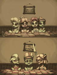 Size: 1080x1440 | Tagged: safe, artist:assasinmonkey, derpibooru import, apple rose, auntie applesauce, granny smith, sew 'n sow, earth pony, pony, apple family reunion, comparison, elderly, feels, female, implied death, mare, mortality blues, older, sad, sepia, time, young granny smith, younger