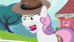 Size: 1280x720 | Tagged: safe, edit, screencap, sweetie belle, twilight time, campaign hat, drill sergeant, faic, solo, war face