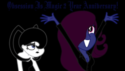 Size: 1024x582 | Tagged: safe, artist:thelordofdust, derpibooru import, oc, oc only, oc:maneia, oc:nocturna, equestria girls, anniversary, banner, celebration, obsession is magic, party