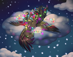 Size: 1650x1275 | Tagged: safe, artist:ask-creme, artist:revadiehard, derpibooru import, oc, oc only, oc:rome silvanus, pegasus, pony, christmas lights, cloud, cloudy, entangled, grin, looking at you, night, on back, smiling, snow, snowfall, snowflake, solo, spread wings, upside down