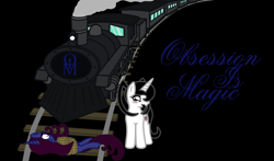 Size: 1024x602 | Tagged: safe, artist:thelordofdust, derpibooru import, oc, oc only, oc:maneia, oc:nocturna, banner, fanfic, obsession is magic, peril, story, tied to tracks, tied up, train, train tracks