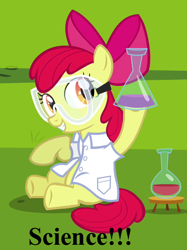 Size: 536x717 | Tagged: safe, edit, screencap, apple bloom, earth pony, pony, twilight time, adorabloom, adorkable, clothes, cute, dork, dr. insano, female, filly, image macro, lab coat, meme, safety goggles, science, sitting, solo, text