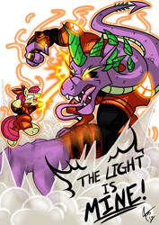 Size: 2894x4093 | Tagged: safe, artist:cynos-zilla, derpibooru import, apple bloom, spike, dragon, blackest night, clothes, crossover, dc comics, dialogue, fight, green lantern, green lantern (comic), orange lantern